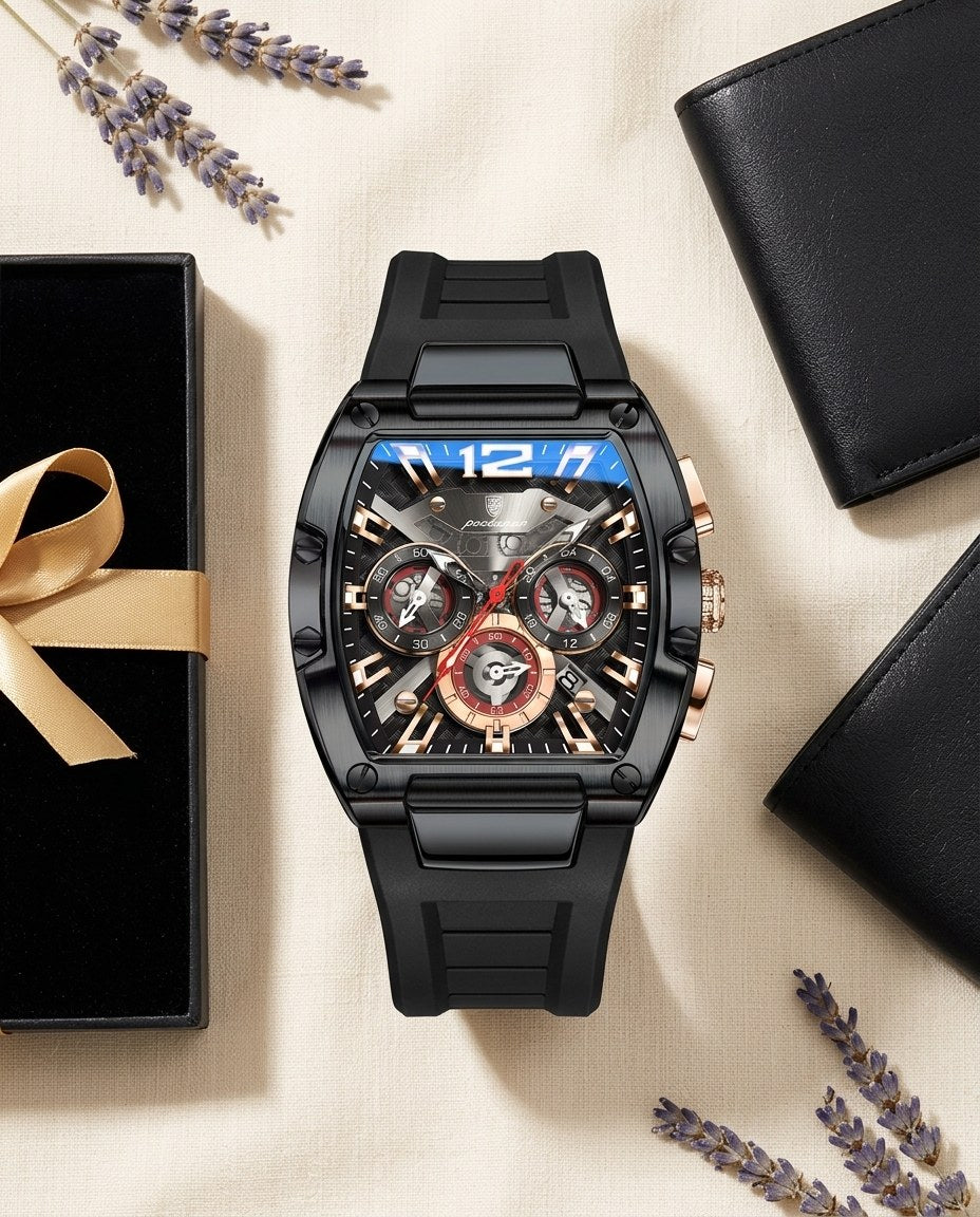 Tonneau Skeleton Sport Black case, Black dial flat lay