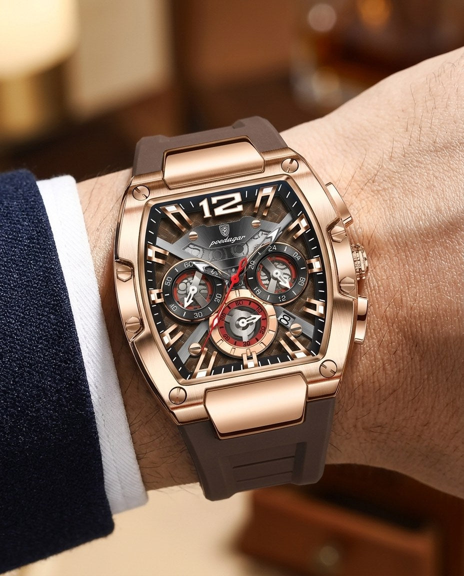Tonneau Skeleton Sport Rose Gold case, Brown dial on the wrist