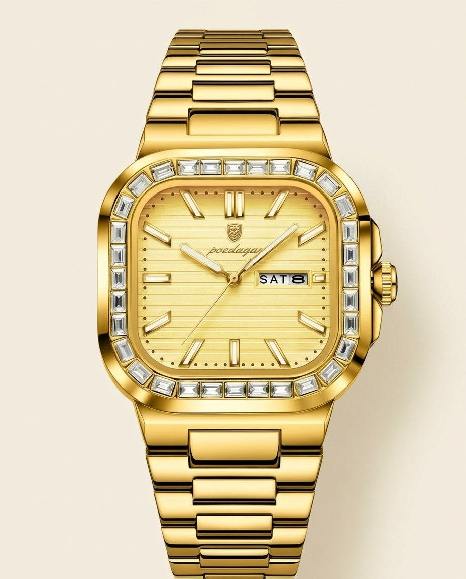 Crystal Square Day-Date Gold case, Gold dial front