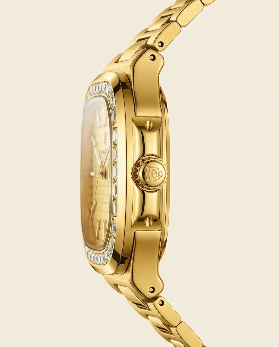 Crystal Square Day-Date Gold case, Gold dial crown side