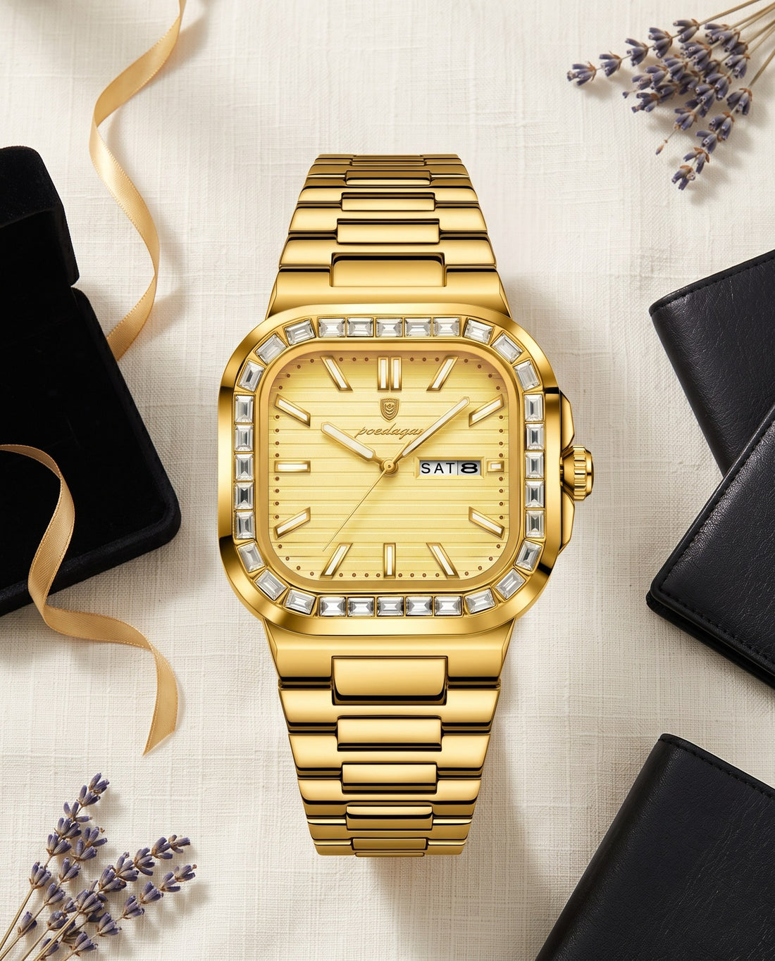 Crystal Square Day-Date Gold case, Gold dial flat lay