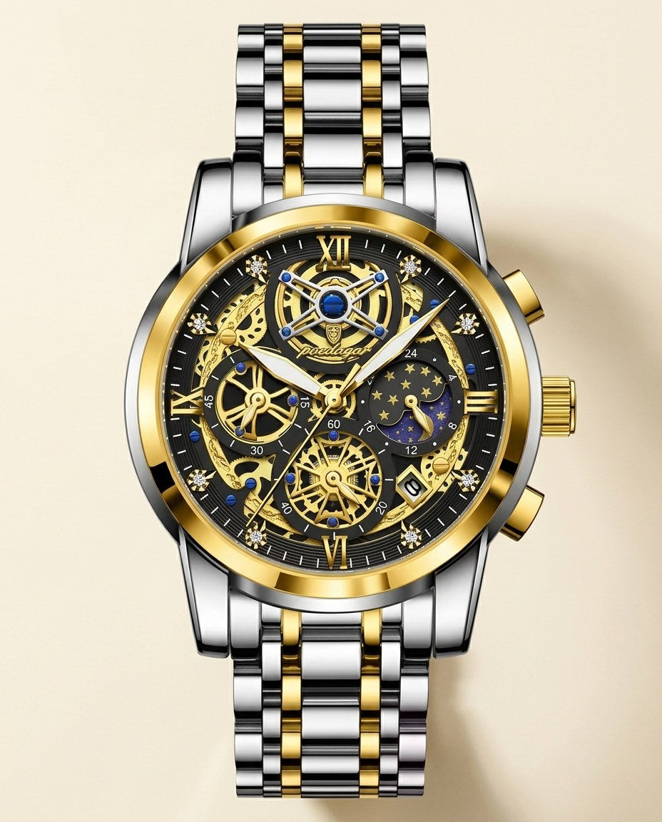 Celestial Skeleton Chronograph Gold case, Black dial front
