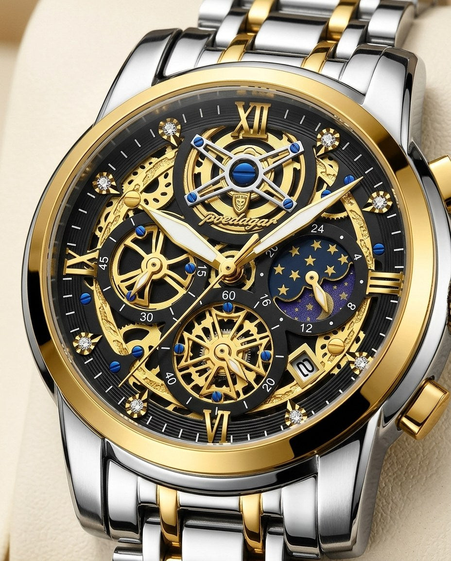 Celestial Skeleton Chronograph Gold case, Black dial dial close-up