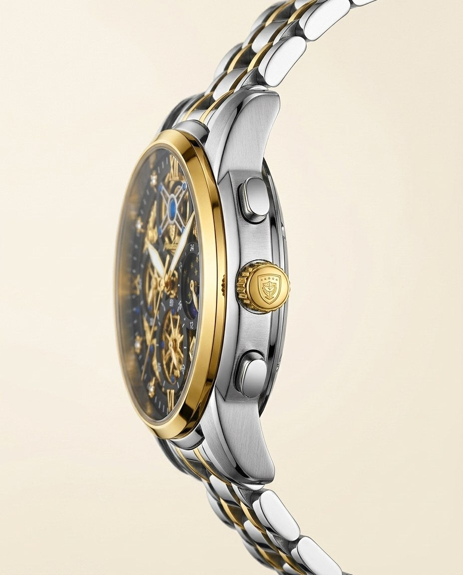 Celestial Skeleton Chronograph Gold case, Black dial crown side