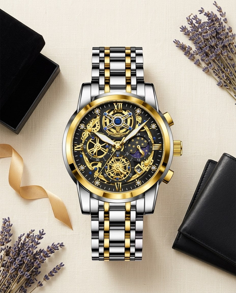 Celestial Skeleton Chronograph Gold case, Black dial flat lay