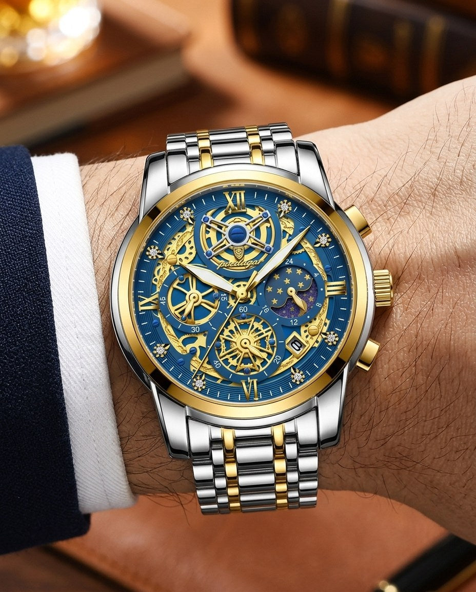 Celestial Skeleton Chronograph Gold case, Blue dial on the wrist