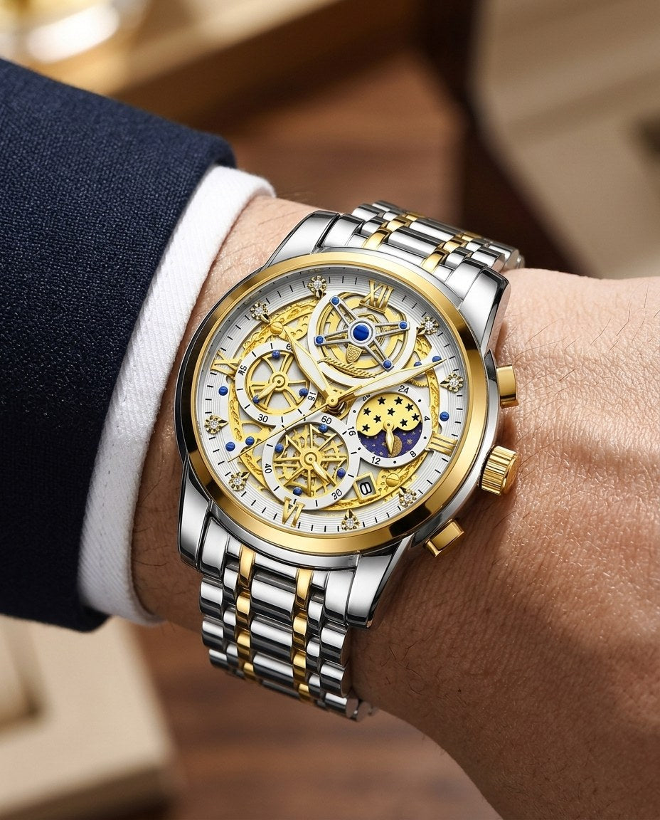 Celestial Skeleton Chronograph Gold case, White dial on the wrist