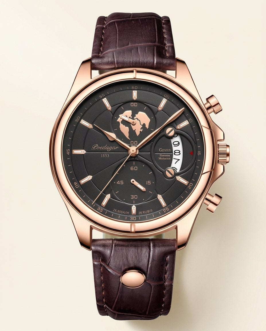 Globe Chronograph Leather Rose Gold case, Black dial front