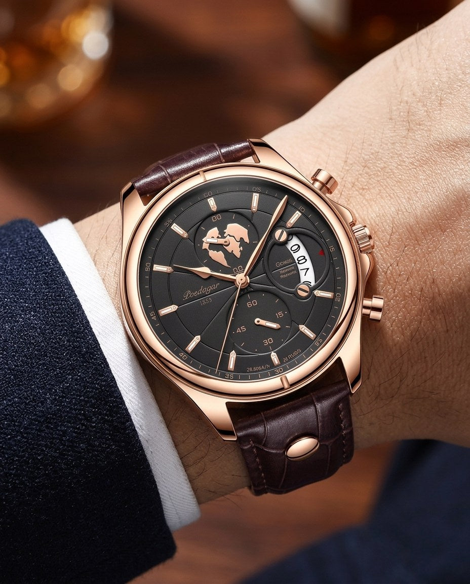 Globe Chronograph Leather Rose Gold case, Black dial on the wrist