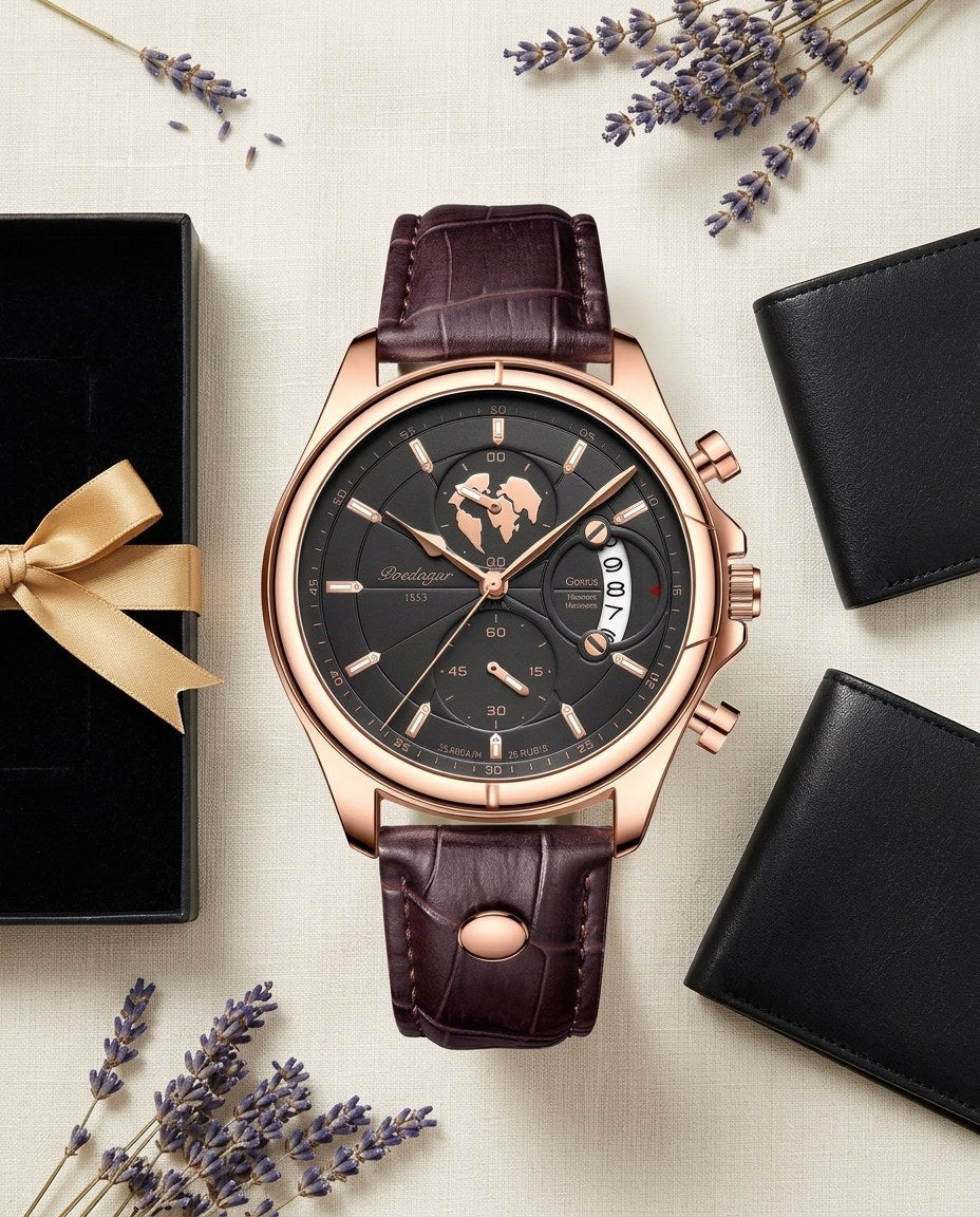 Globe Chronograph Leather Rose Gold case, Black dial flat lay