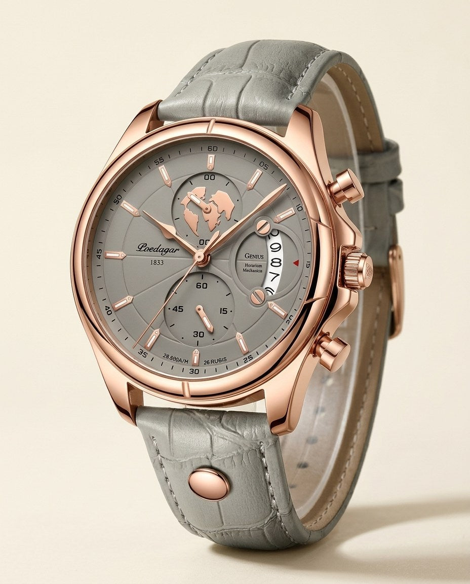 Globe Chronograph Leather Rose Gold case, Green dial