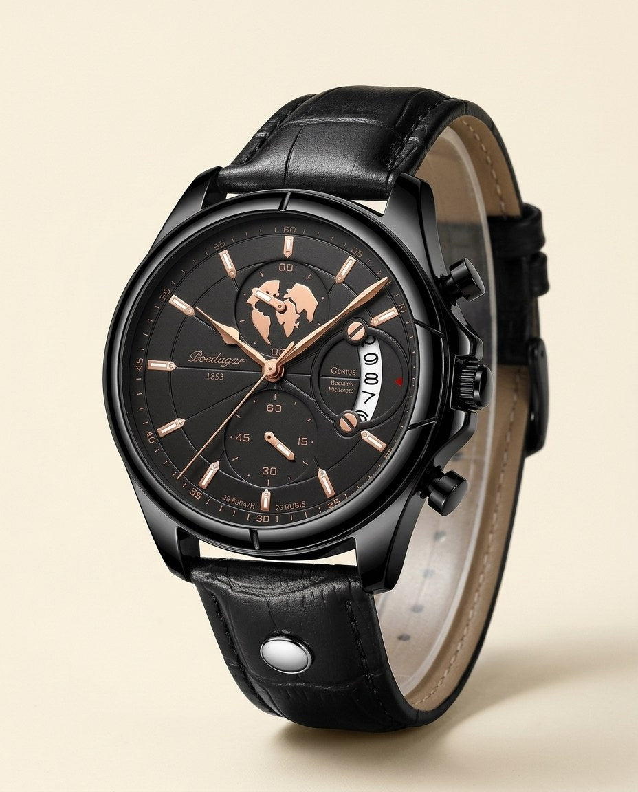 Globe Chronograph Leather Black case, Black dial