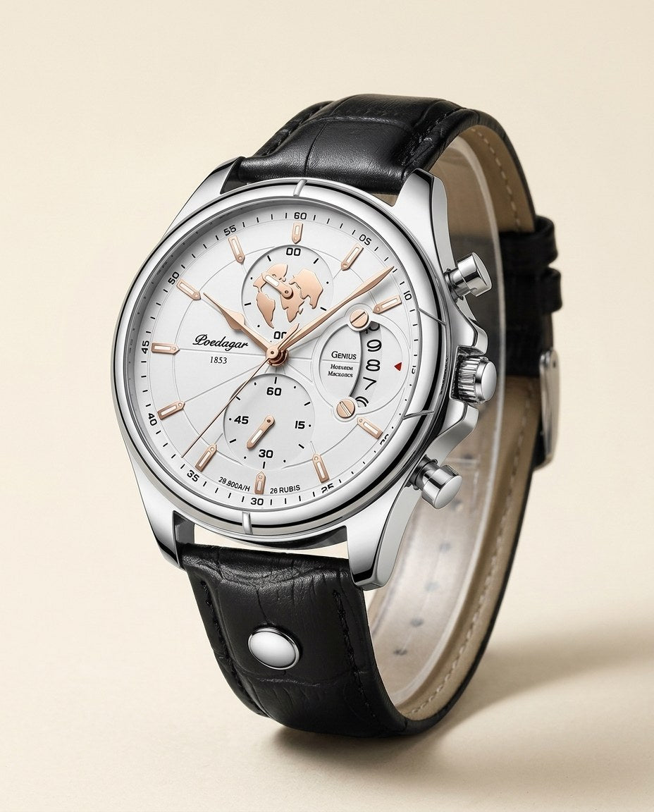 Globe Chronograph Leather Silver case, White dial