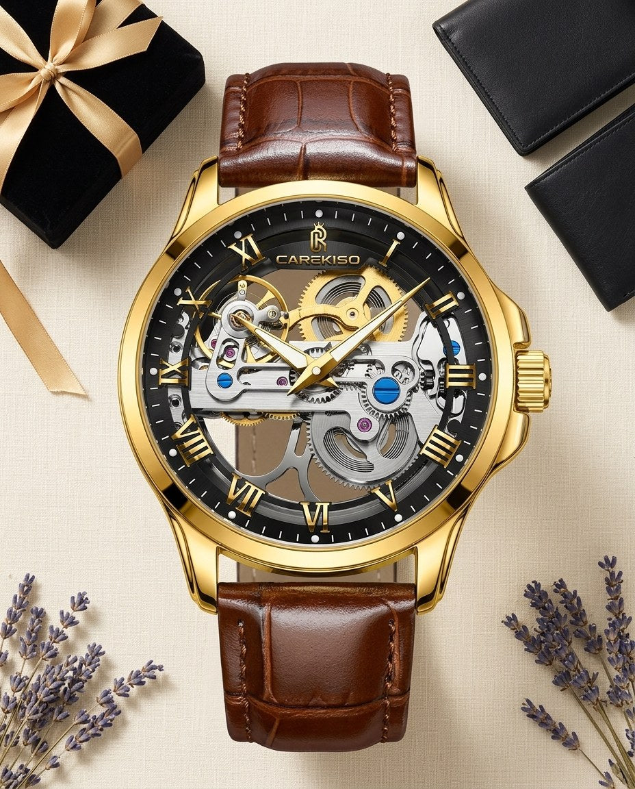 Phantom Skeleton Automatic Gold case, Black dial flat lay