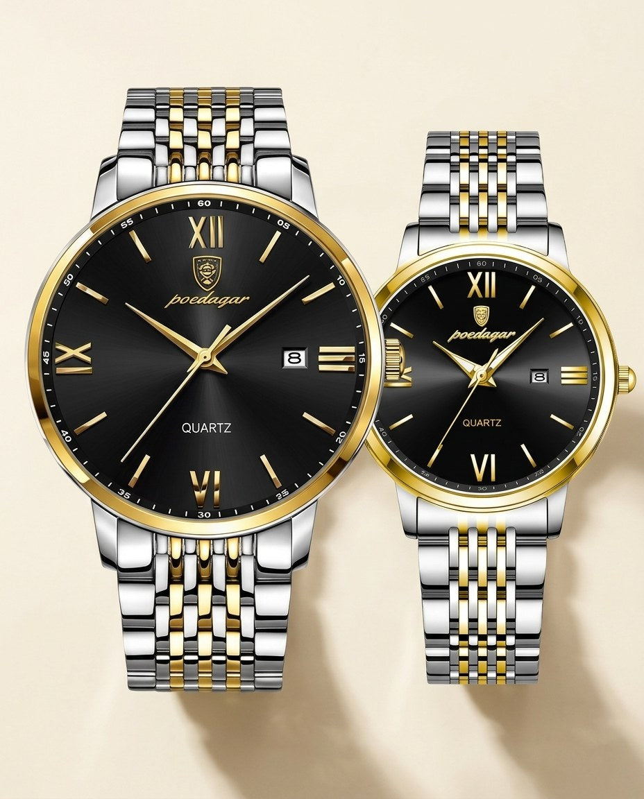 Roman Classic Couple Set Gold case, Black dial crown side