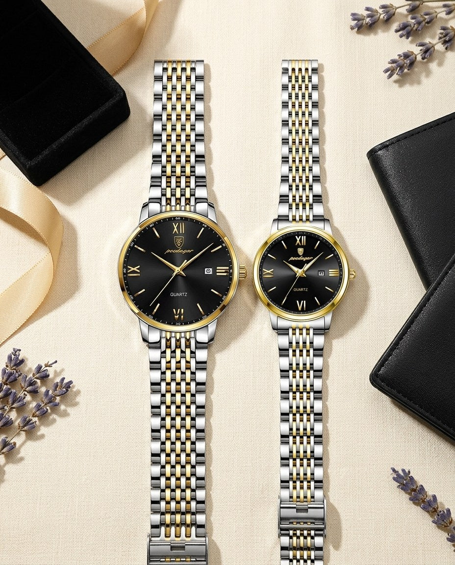 Roman Classic Couple Set Gold case, Black dial flat lay