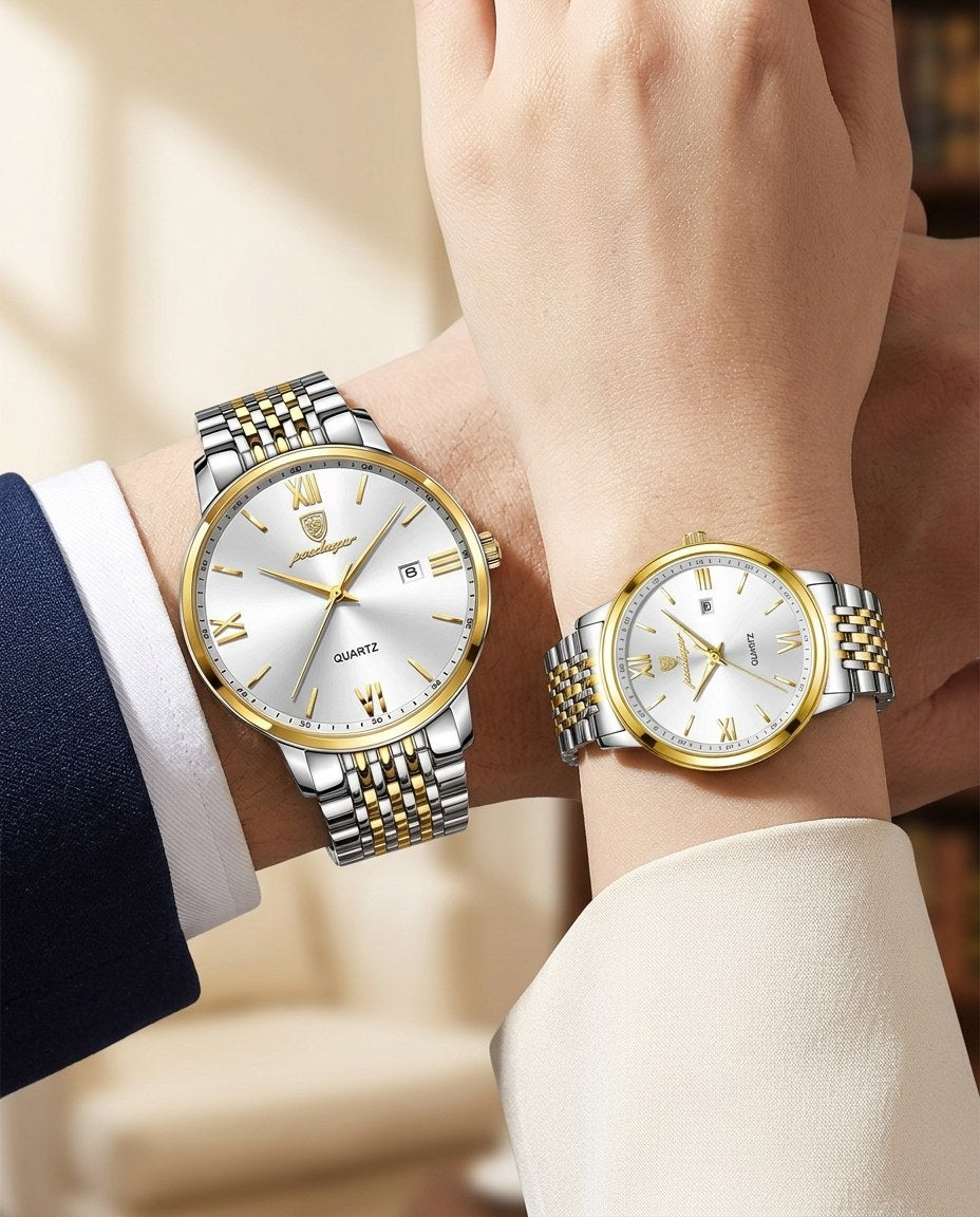 Roman Classic Couple Set Gold case, White dial on the wrist