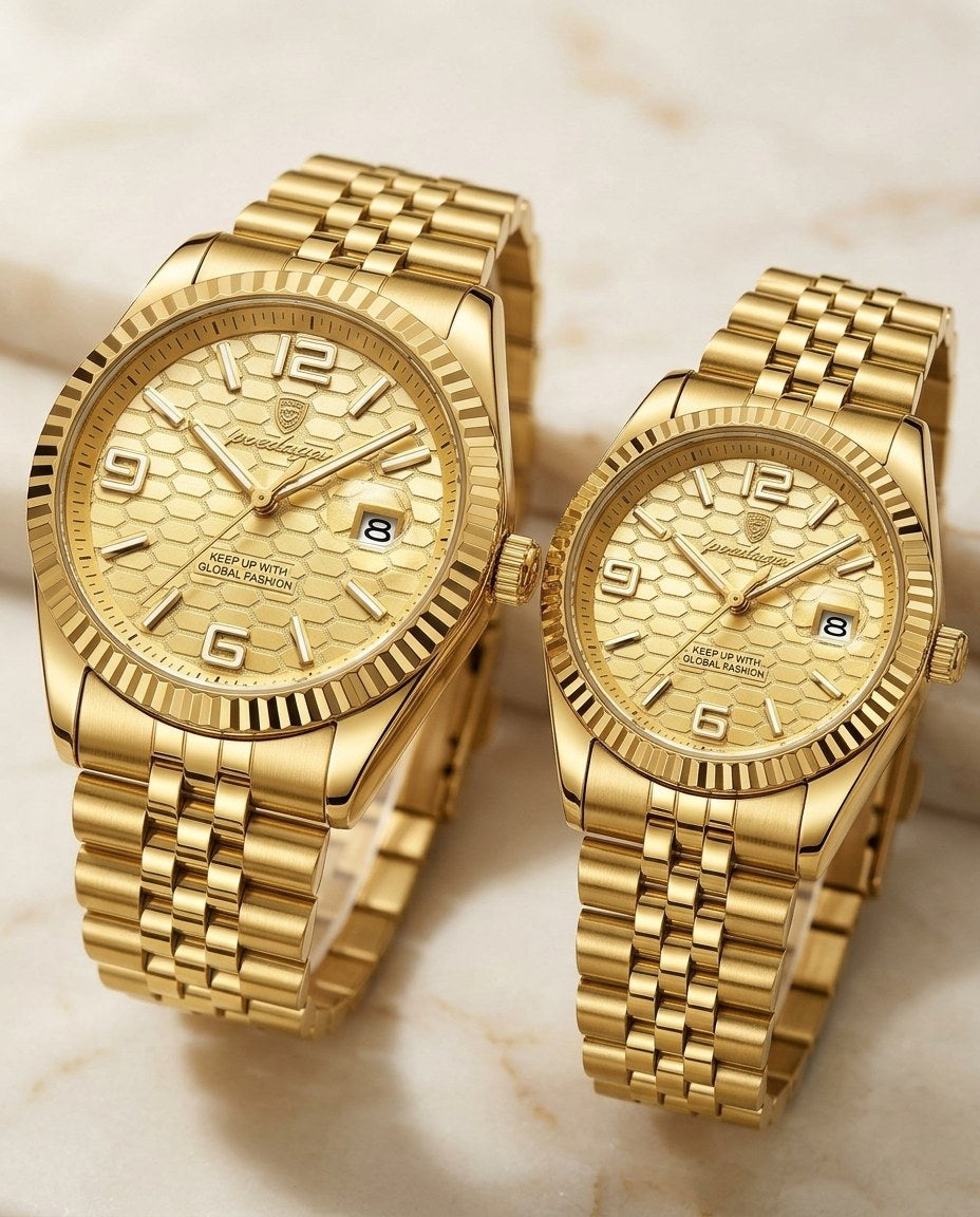 Golden Waffle Couple Set Gold case, Gold dial dial close-up