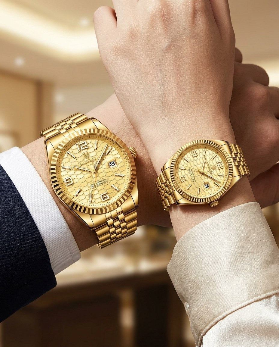 Golden Waffle Couple Set Gold case, Gold dial on the wrist