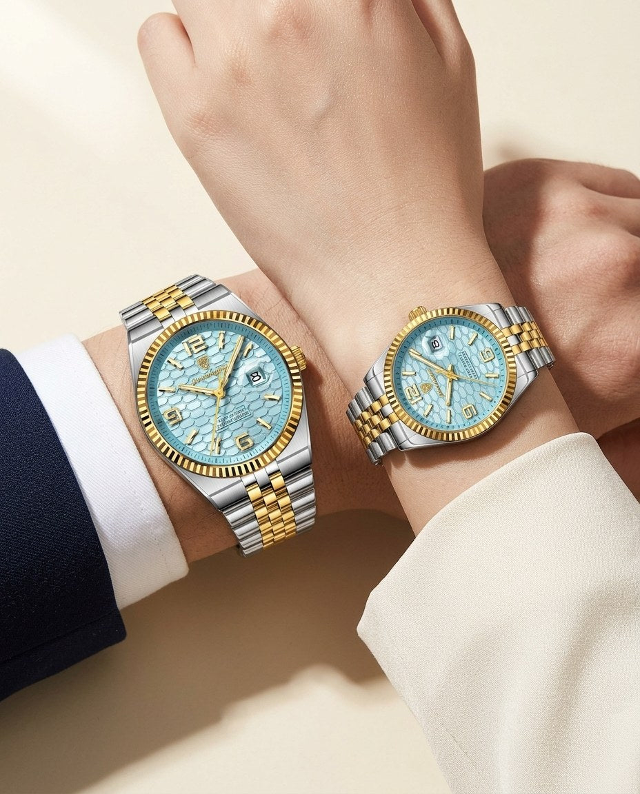 Golden Waffle Couple Set Gold case, Mint Blue dial