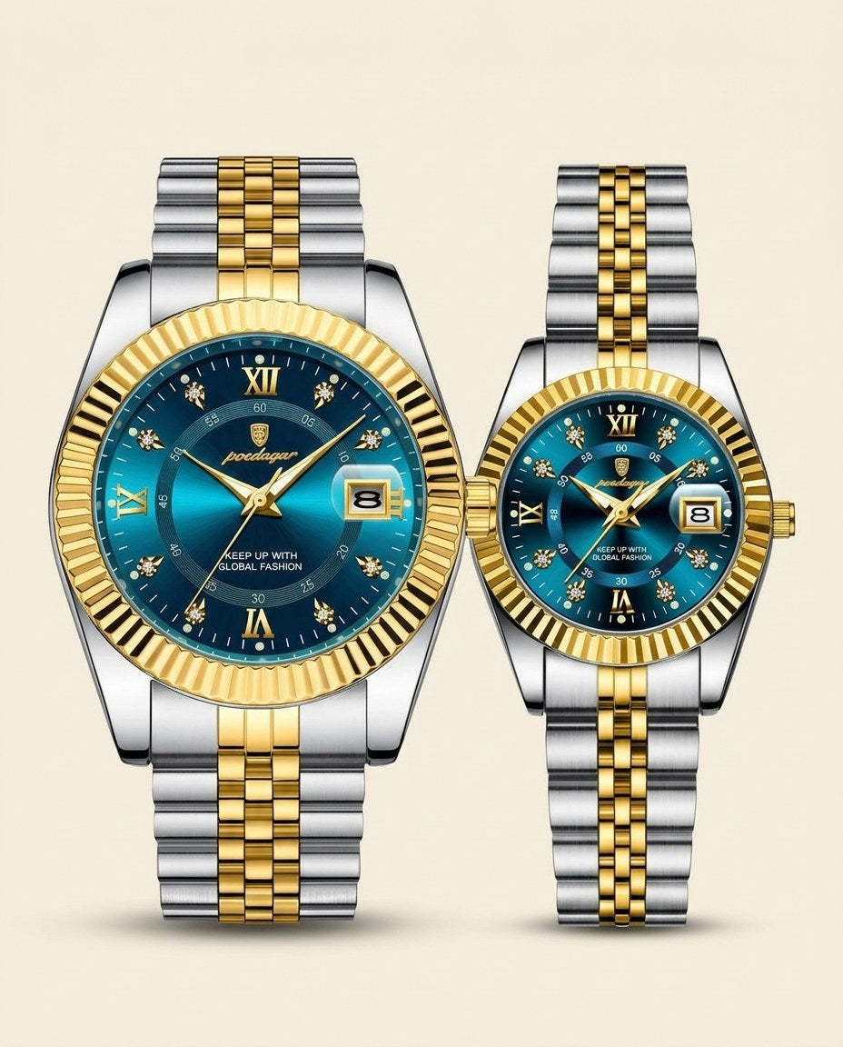 Royal Fluted Couple Set Gold case, Blue dial front