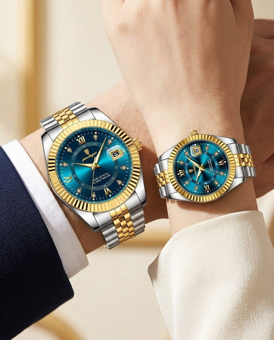 Royal Fluted Couple Set Gold case, Blue dial on the wrist
