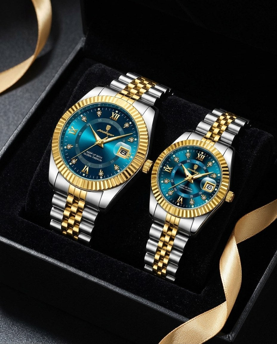 Royal Fluted Couple Set Gold case, Blue dial in the gift box