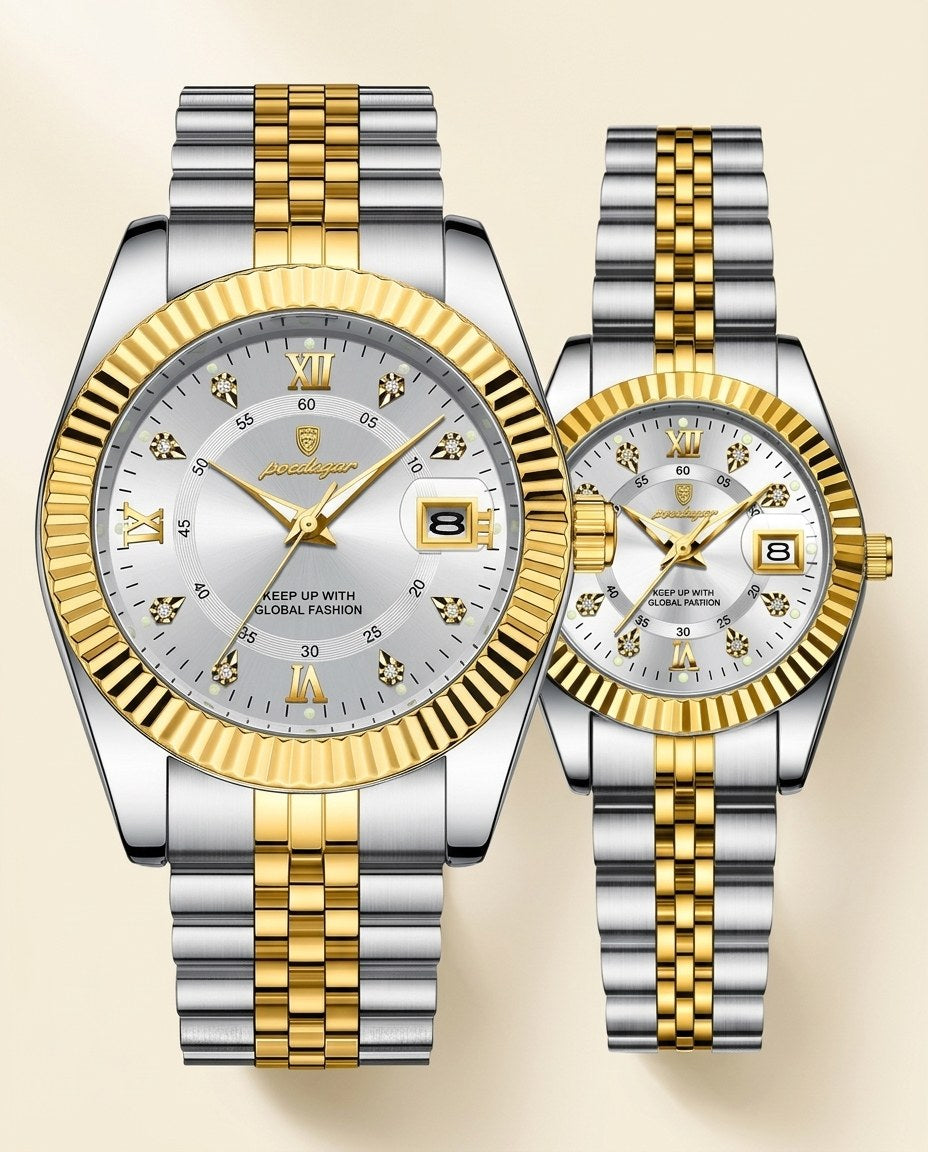 Royal Fluted Couple Set Gold case, White dial on the wrist