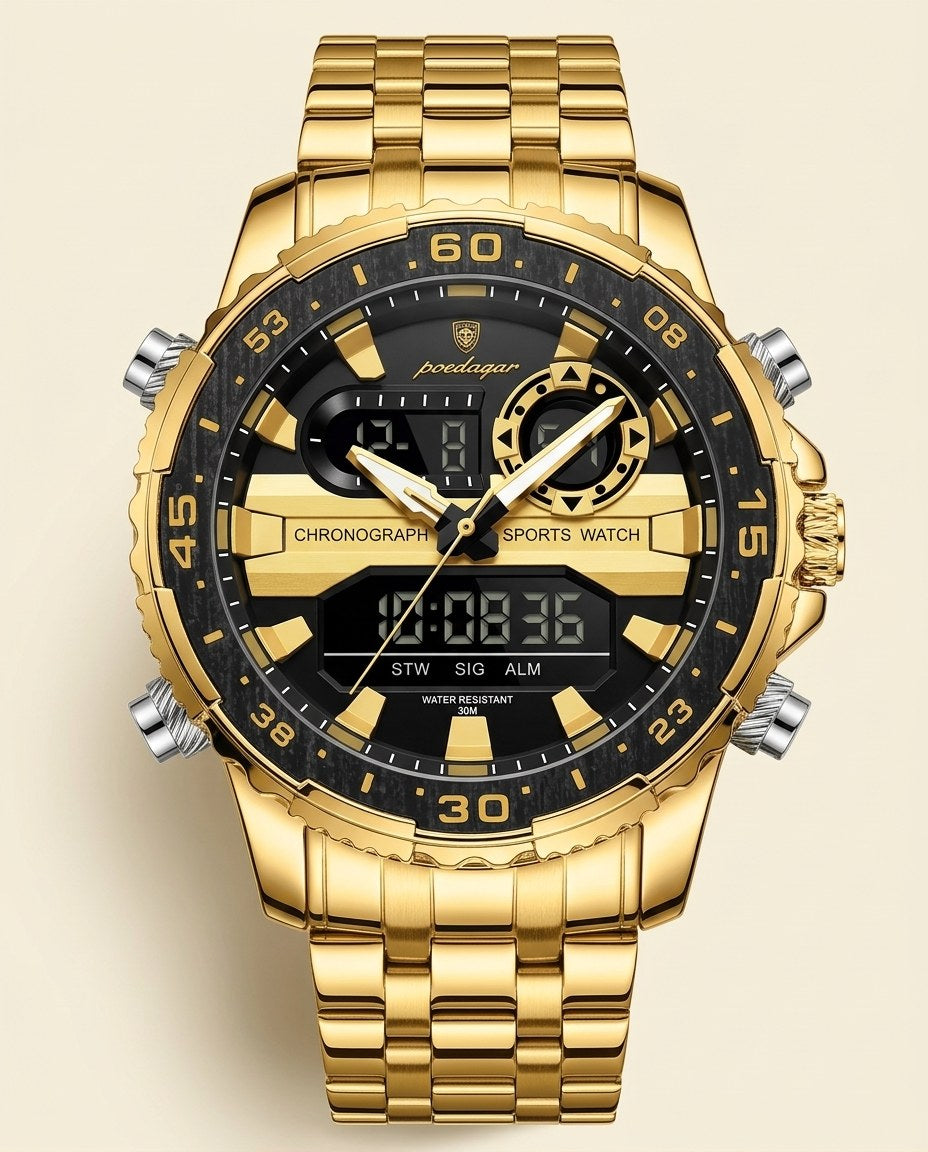 Commander Analog-Digital Gold case, Black dial front