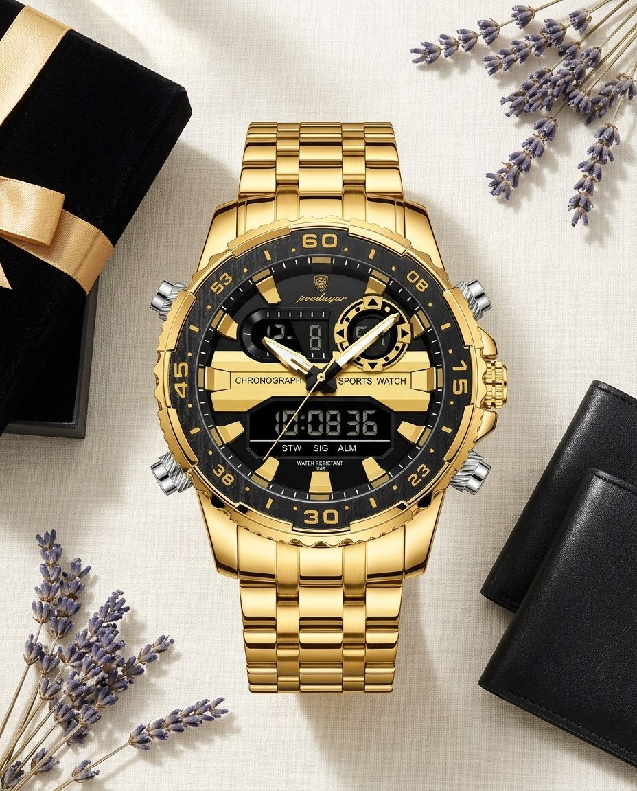 Commander Analog-Digital Gold case, Black dial flat lay