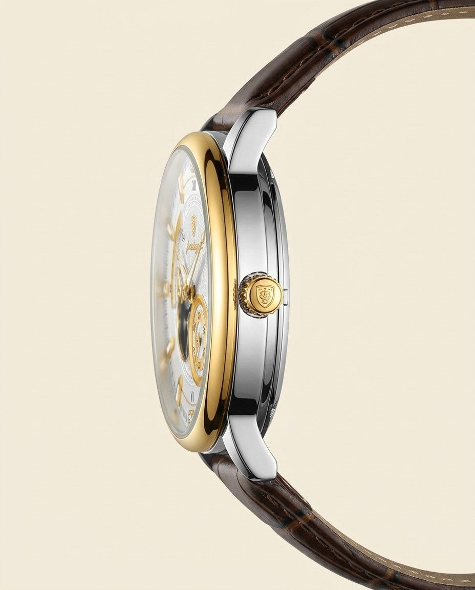 Royal Open-Heart Automatic (Leather) Gold case, White dial crown side
