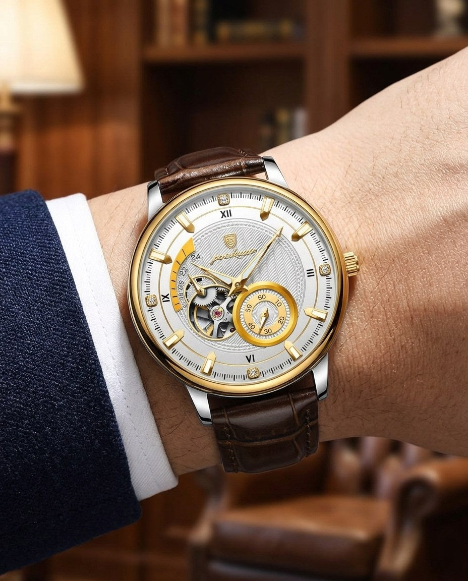 Royal Open-Heart Automatic (Leather) Gold case, White dial on the wrist