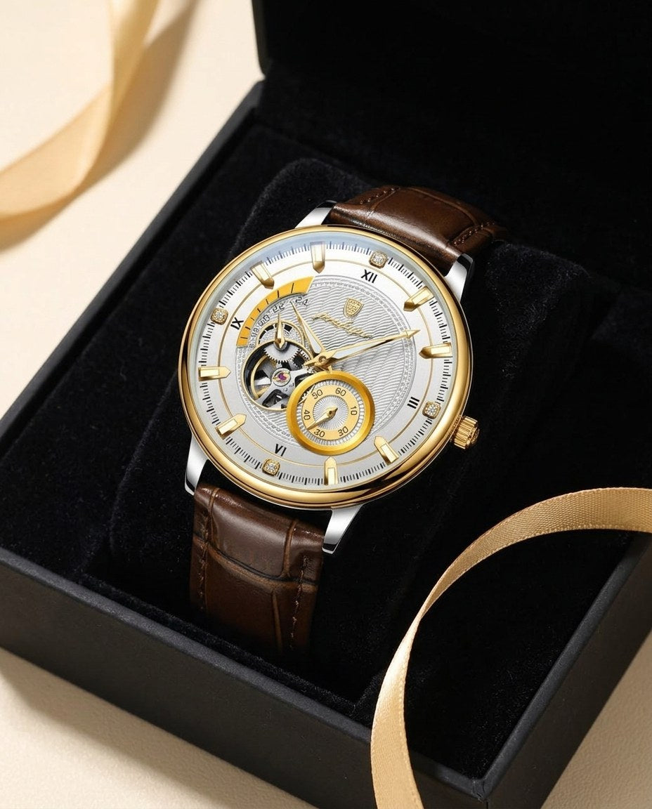 Royal Open-Heart Automatic (Leather) Gold case, White dial in the gift box