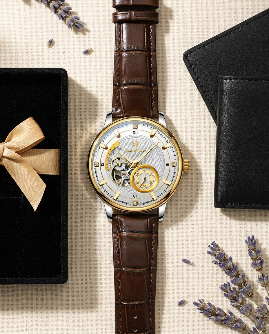 Royal Open-Heart Automatic (Leather) Gold case, White dial flat lay