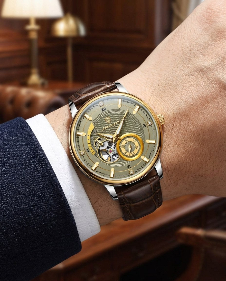 Royal Open-Heart Automatic (Leather) Gold case, Olive dial on the wrist