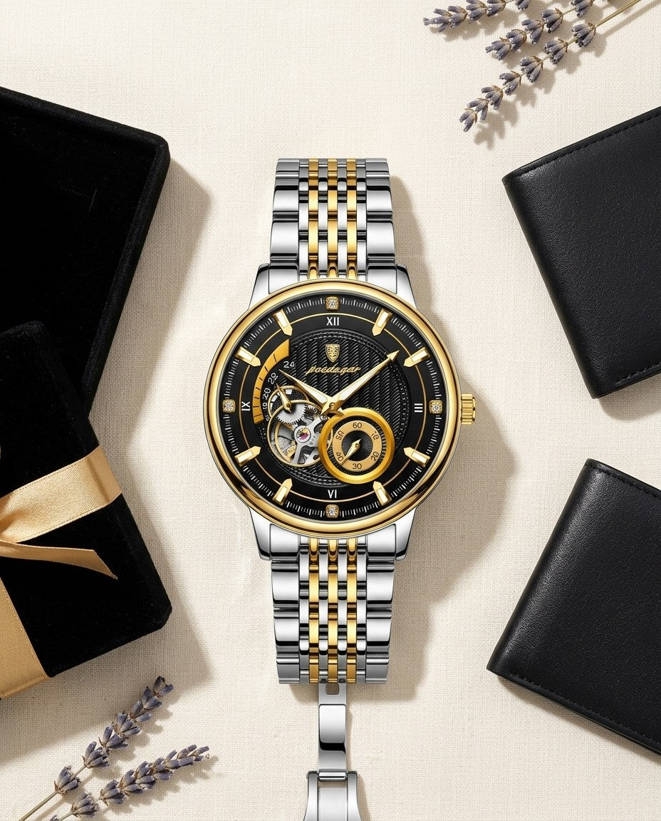 Royal Open-Heart Automatic (Steel) Gold case, Black dial flat lay