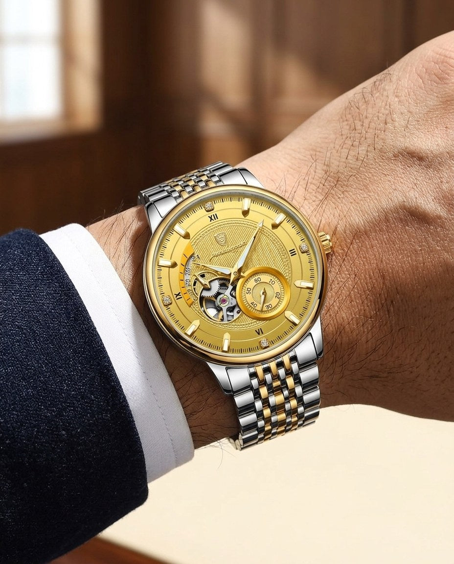 Royal Open-Heart Automatic (Steel) Gold case, Gold dial on the wrist