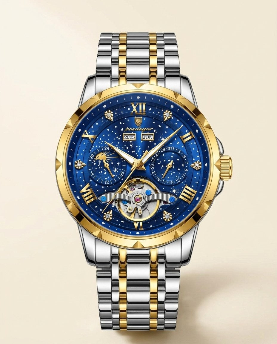 Starlight Open-Heart Automatic Gold case, Blue dial front