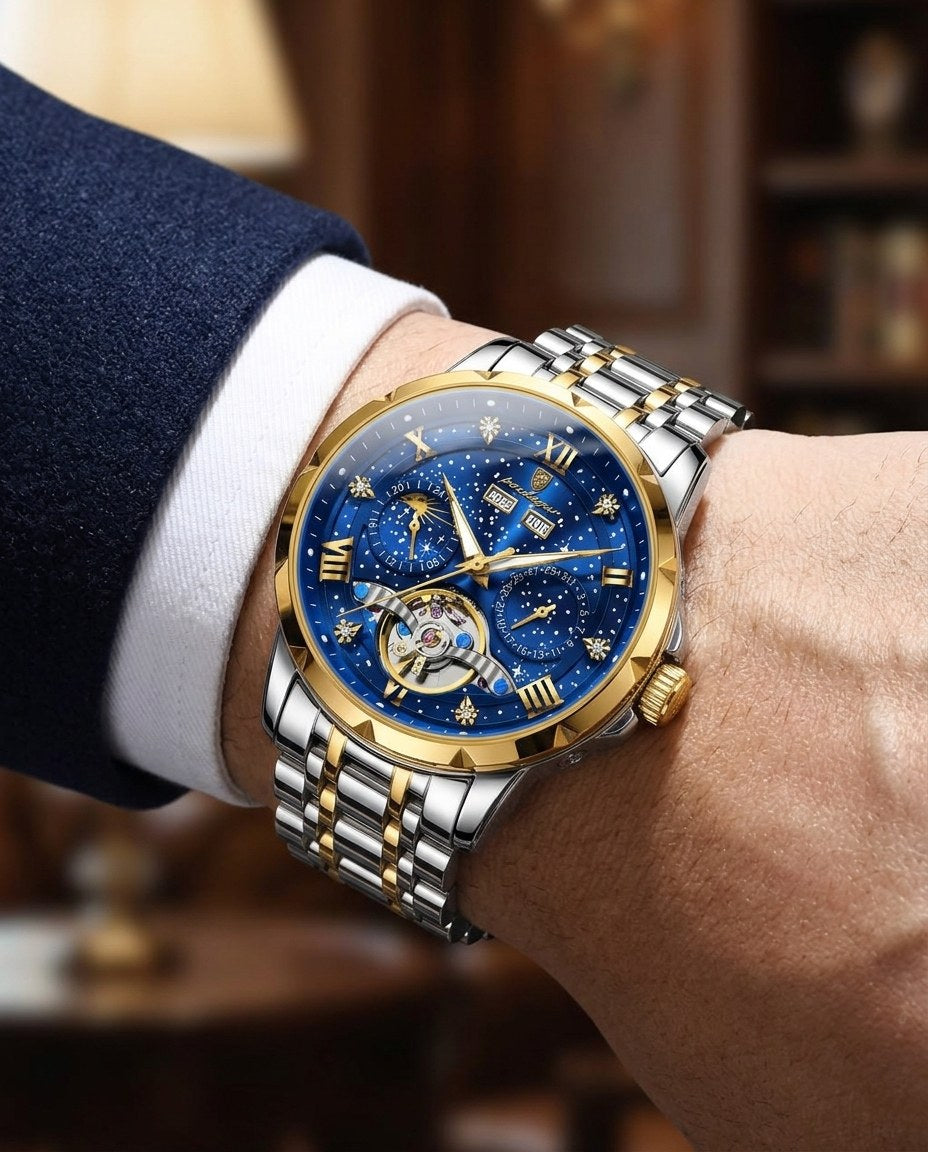 Starlight Open-Heart Automatic Gold case, Blue dial on the wrist