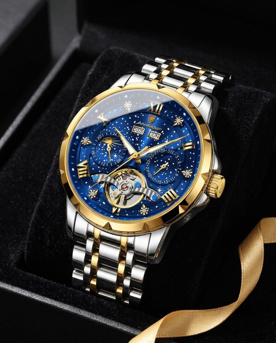 Starlight Open-Heart Automatic Gold case, Blue dial in the gift box