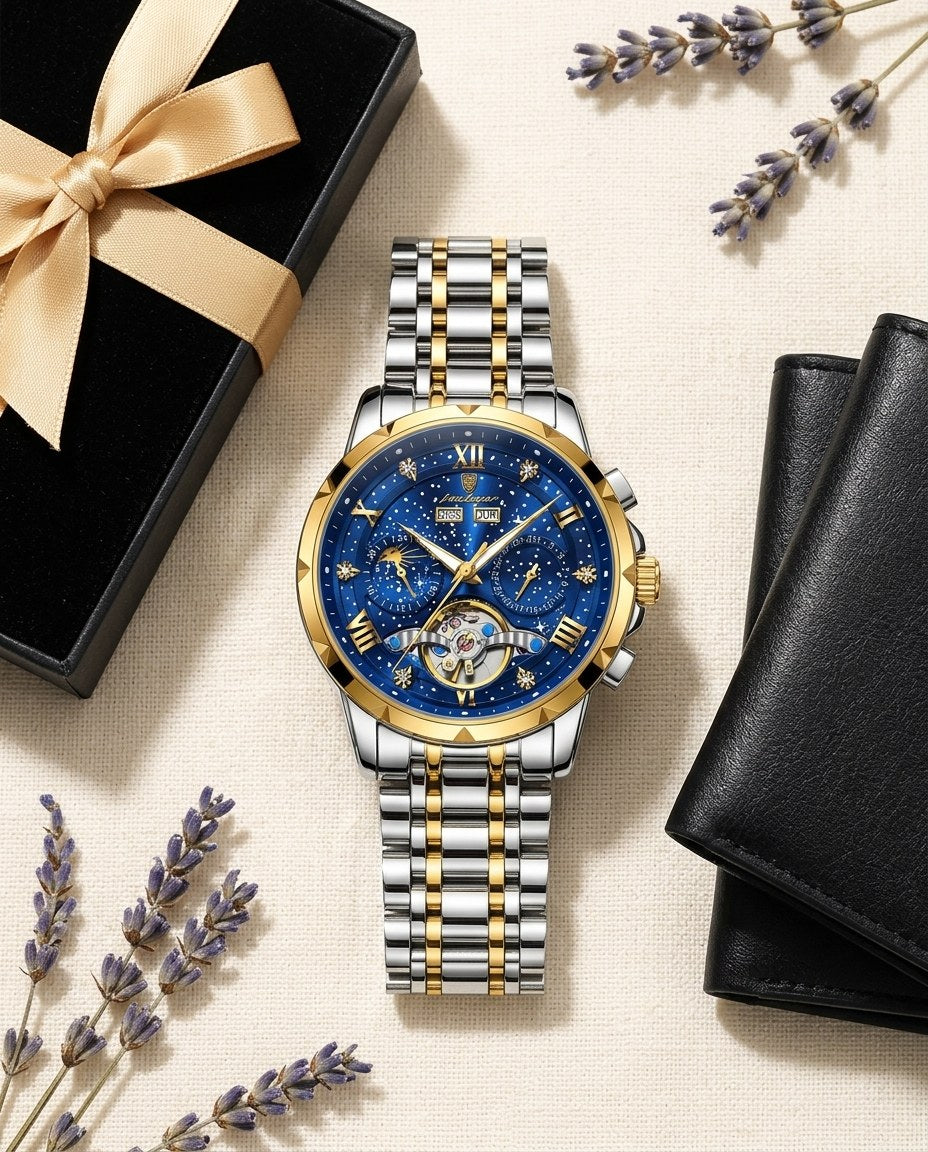 Starlight Open-Heart Automatic Gold case, Blue dial flat lay