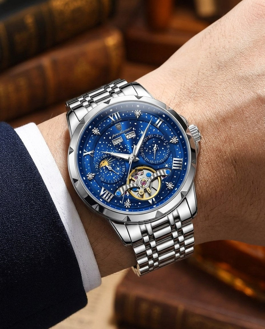Starlight Open-Heart Automatic Silver case, Blue dial on the wrist