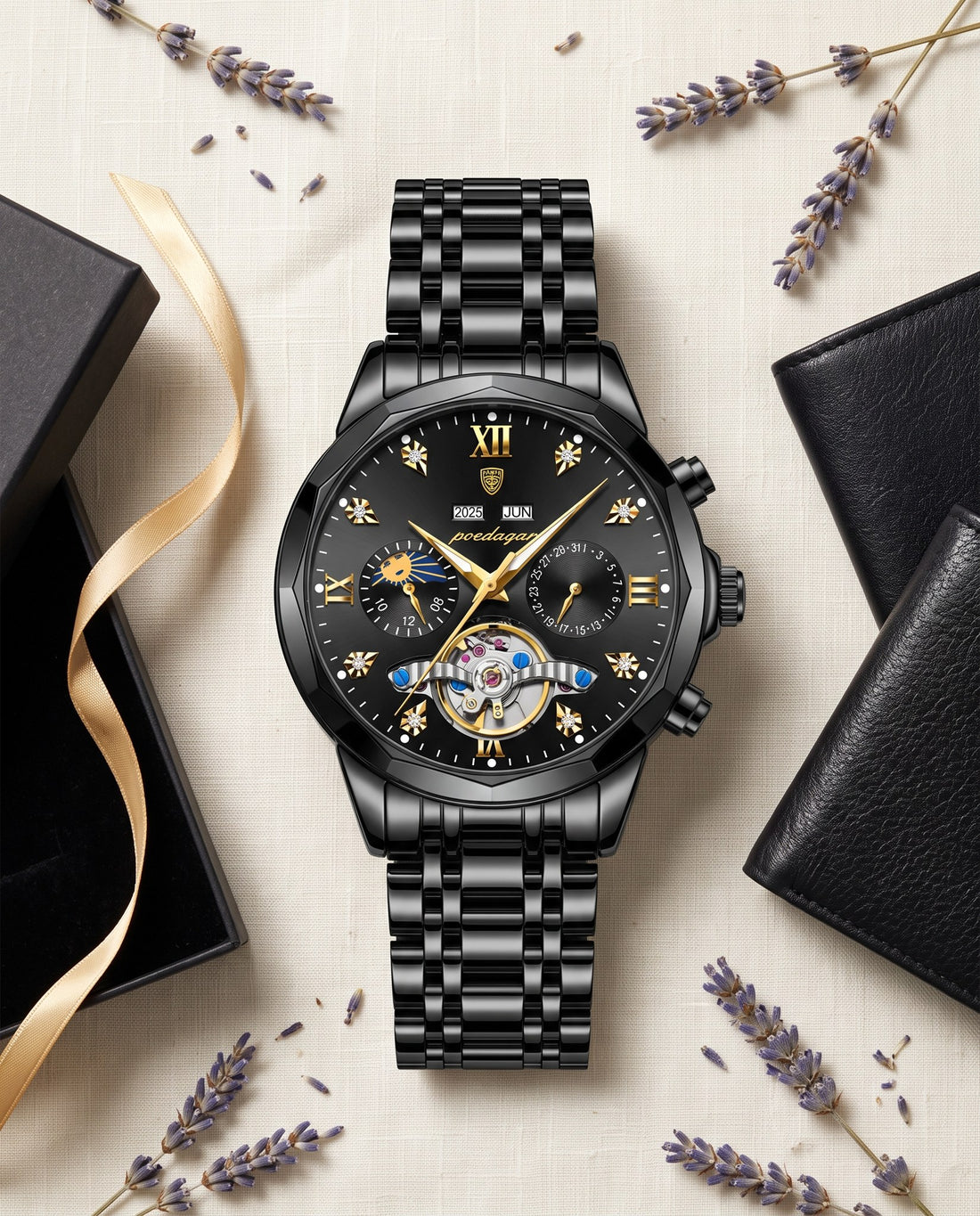 Grand Open-Heart Automatic Black case, Black dial flat lay