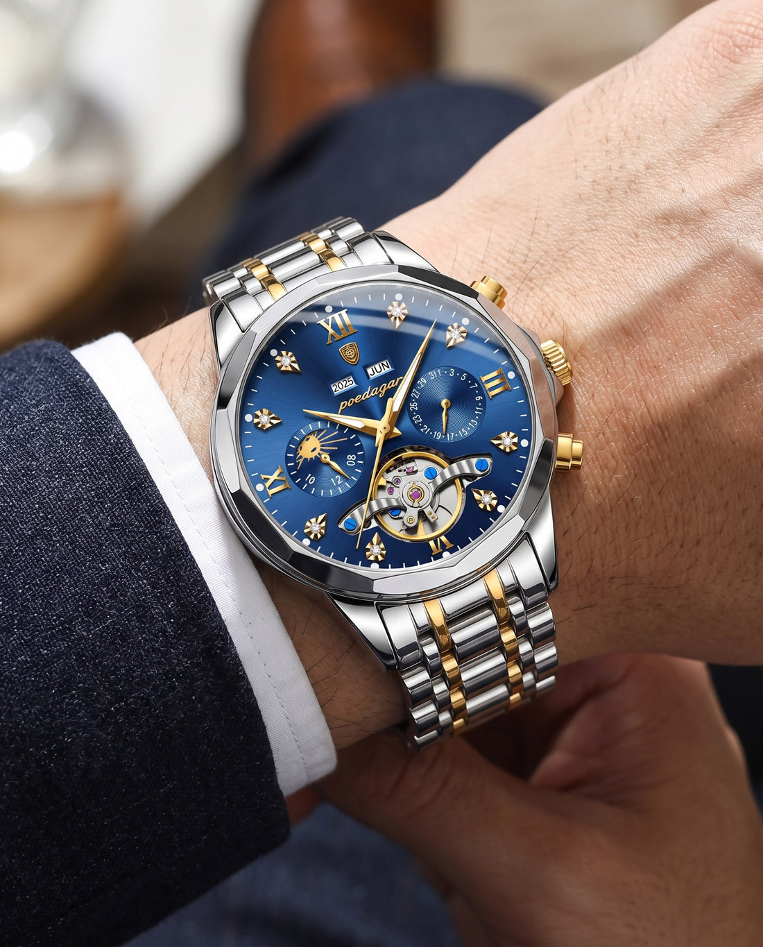 Grand Open-Heart Automatic Gold case, Blue dial on the wrist