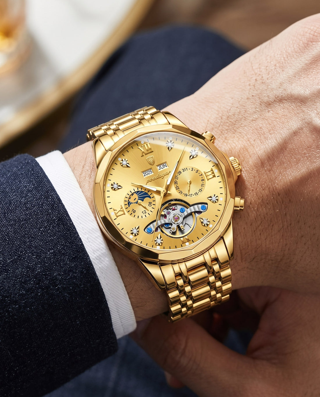 Grand Open-Heart Automatic Gold case, Gold dial on the wrist