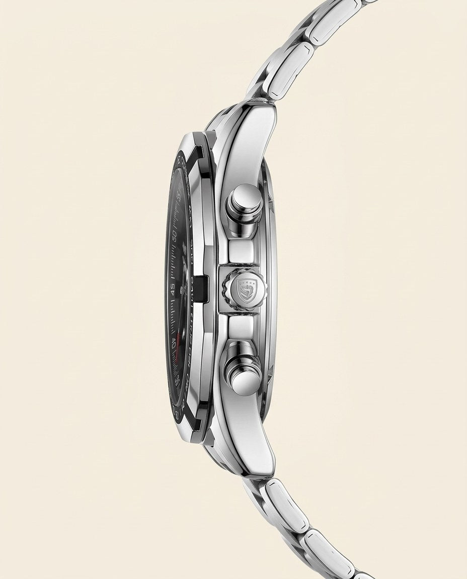 Turbo Tachymeter Sport Silver case, Black dial crown side