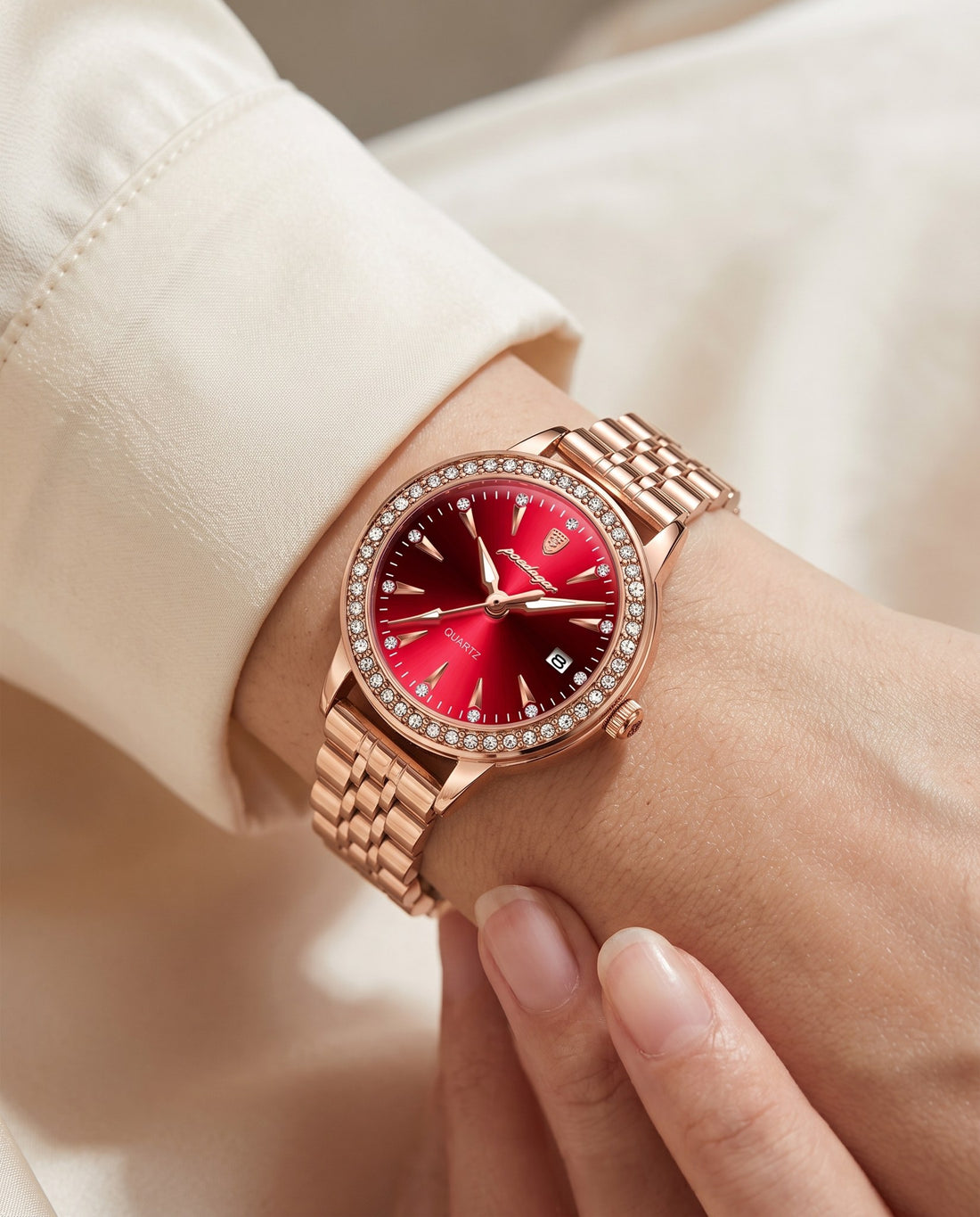 Sparkle Crystal Ladies Red dial on the wrist