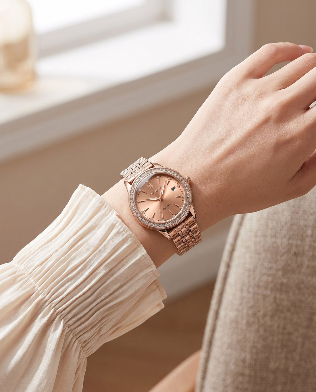 Sparkle Crystal Ladies Gold dial on the wrist