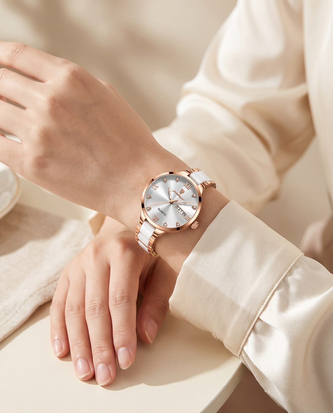 Pearl Ceramic Day-Date Rose Gold case, White dial on the wrist