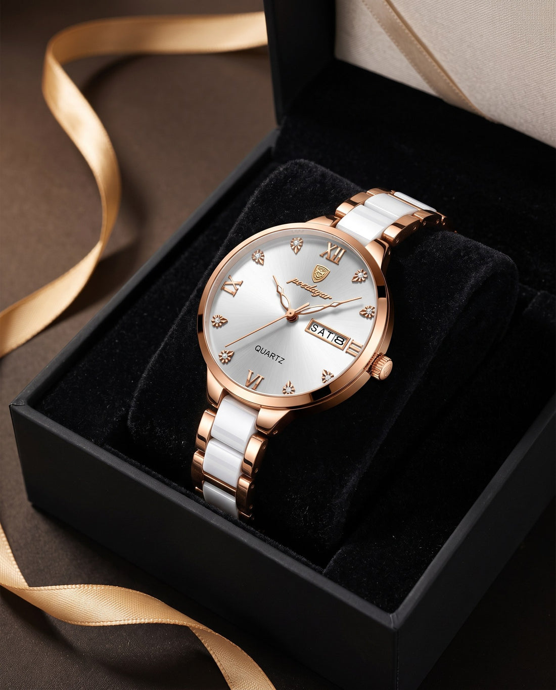 Pearl Ceramic Day-Date Rose Gold case, White dial in the gift box